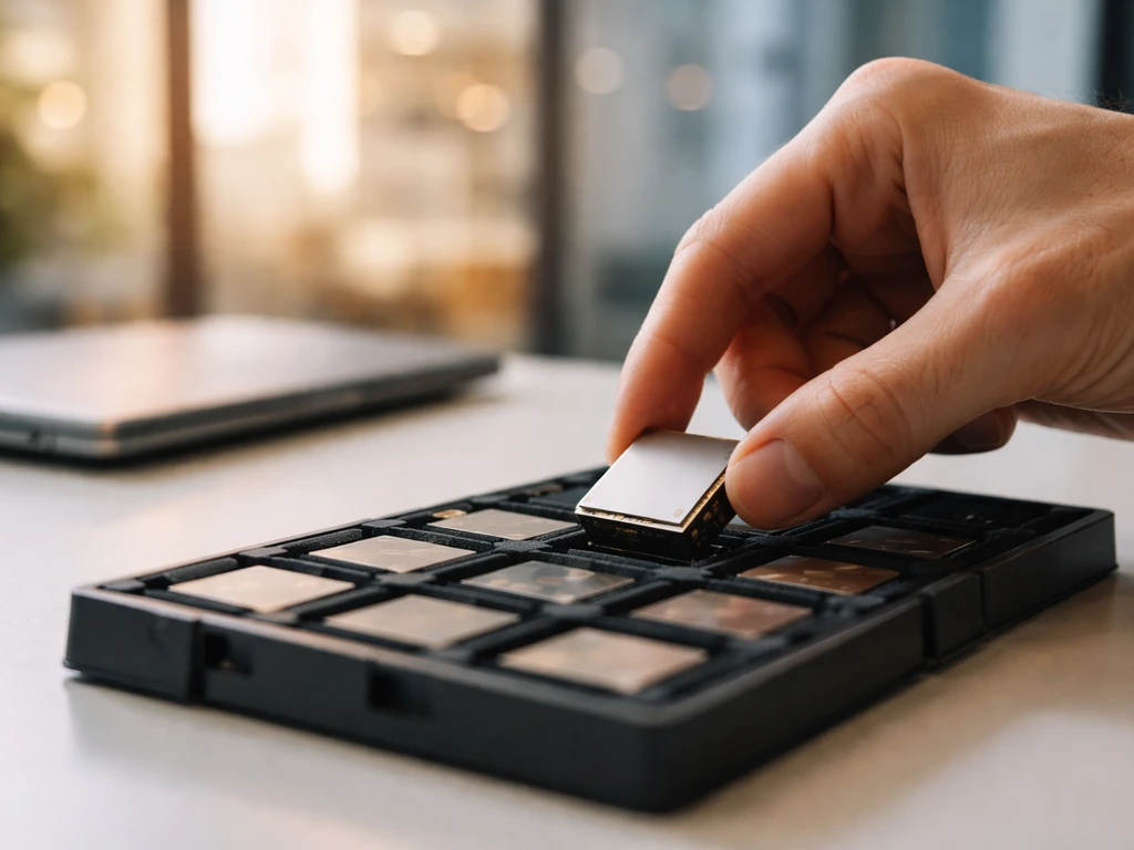 Close-up of a semiconductor chip on a workbench beside a laptop in a modern office setting