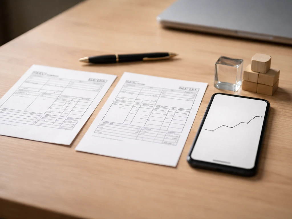 Unlabeled insider documents on a desk next to a simple stock line on a phone and ownership symbol blocks.