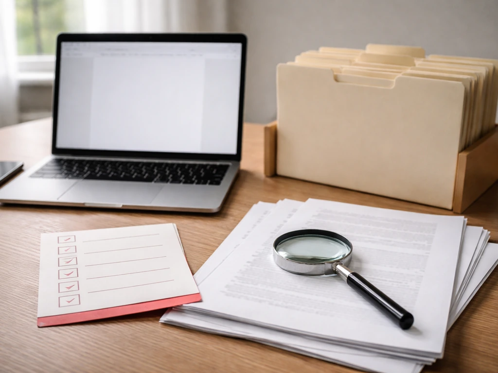 Minimal desk scene with open laptop and SEC filing folder, suggesting DIY public-record verification workflow
