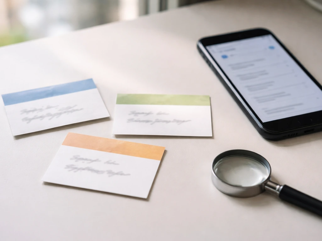 Three blurred name cards and a magnifying glass on a desk beside a phone, symbolizing mixed search results.