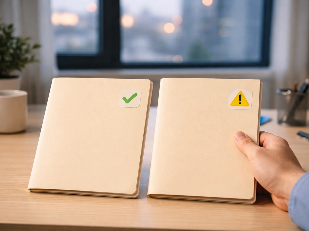 Minimal office desk with two folders and a blurred city view, symbolizing verified vs unverified net-worth claims.