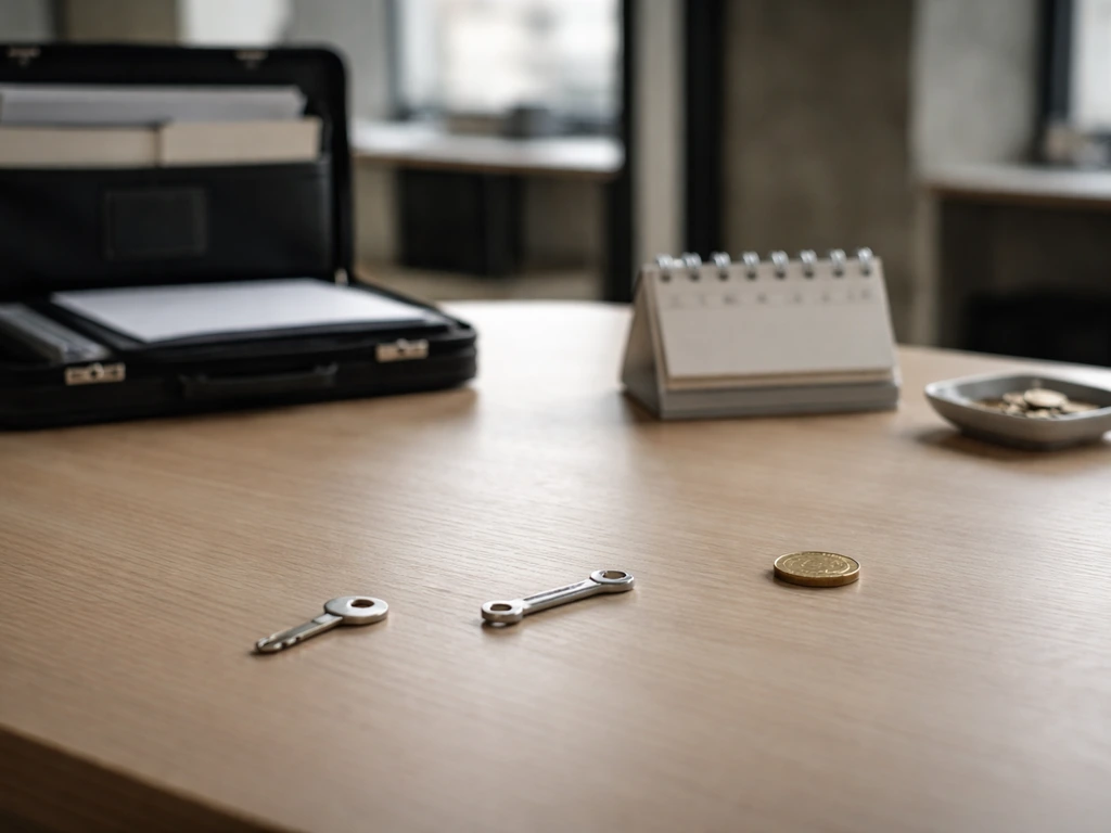 Minimal industrial office desk with briefcase, blank calendar, and three staged objects symbolizing career milestones.