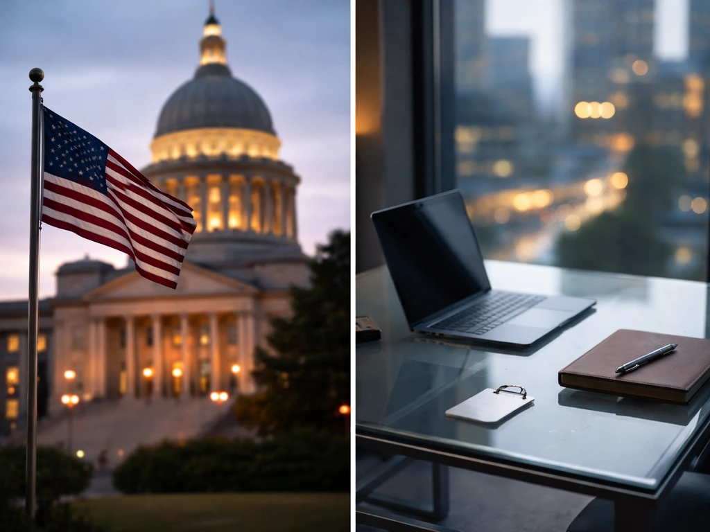 Split-screen showing an Arkansas politician theme beside a generic tech CEO desk scene, no identifiable people.