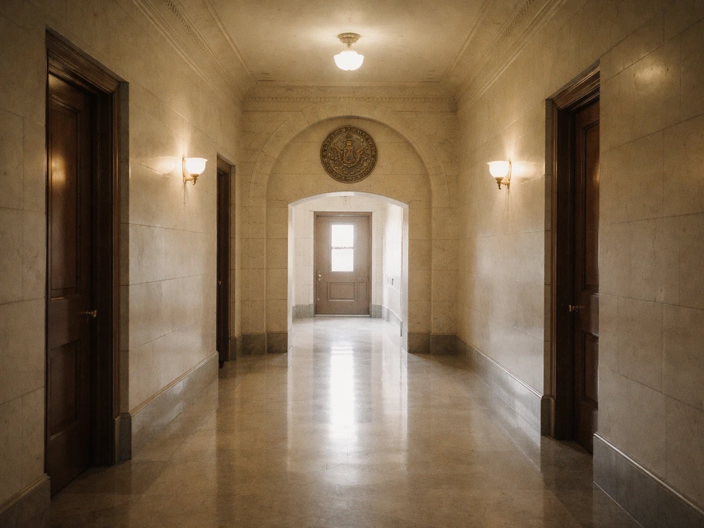 Minimal shot of an Arkansas statehouse corridor with a framed seal and soft morning light
