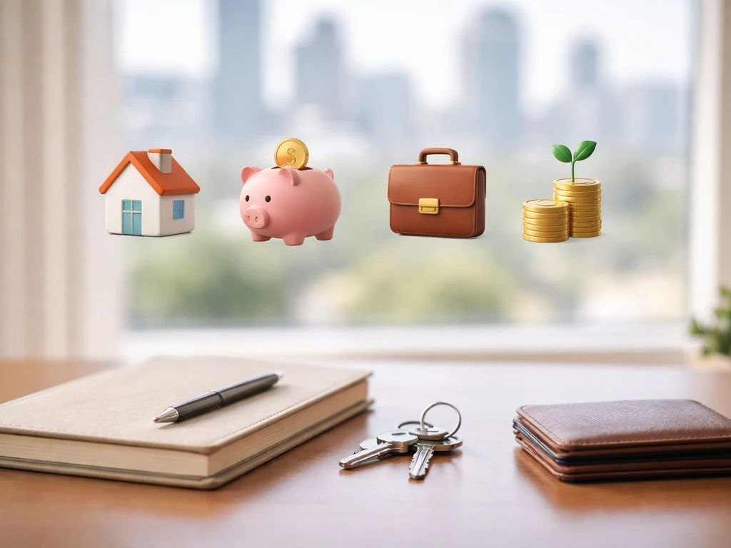 Desk with house, investments, business, and retirement icons symbolizing common net-worth assets.