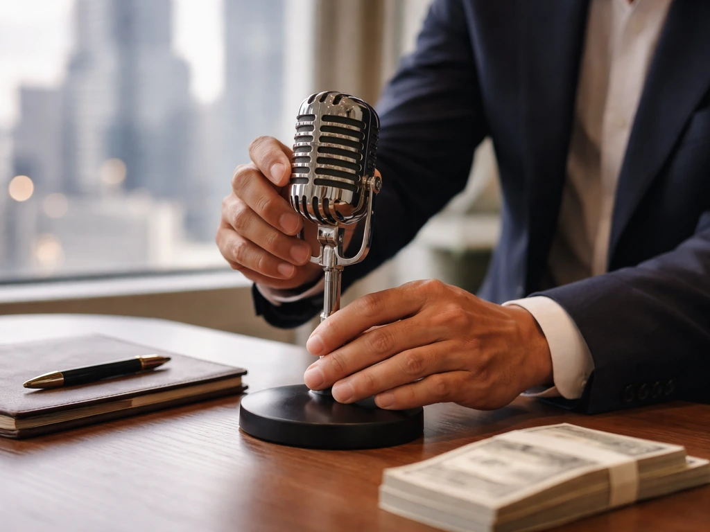 Anonymous hands adjust a studio microphone on a desk with blurred luxury city view behind