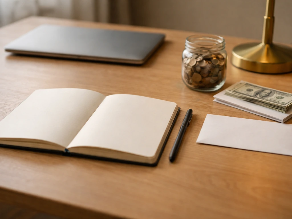 Minimal home-office desk with coins, bills, and notebooks suggesting a financial estimate range.