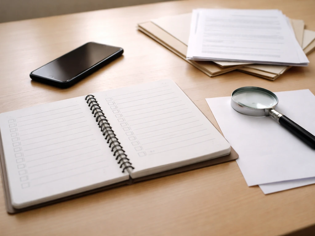 Desk scene showing document verification tools: notebook, magnifying glass, and papers under natural light.