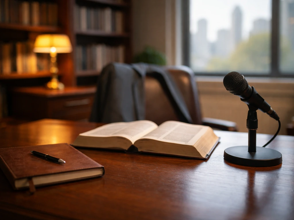 Minimal study scene with an open Bible, notebook, and microphone, symbolizing teaching and public profile.