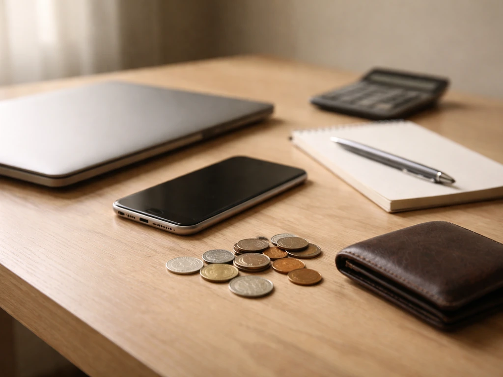 Close-up of a laptop beside coins and a smartphone, symbolizing estimated net-worth calculations.