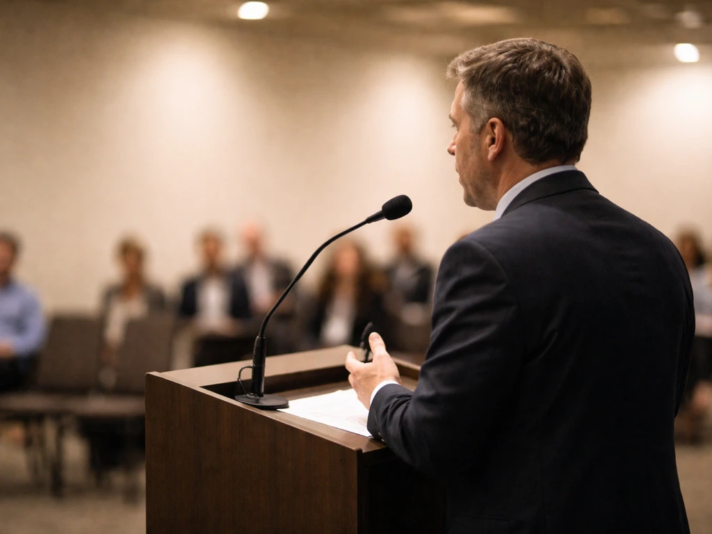 Anonymous speaker delivering a conference talk at a small lectern with a microphone