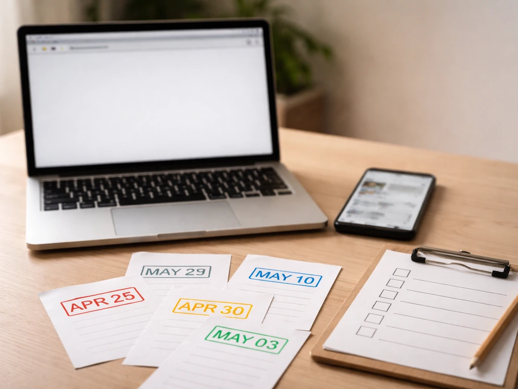 Desk with laptop, blurred phone news, and dated paper notes suggesting conflicting figures and verification.
