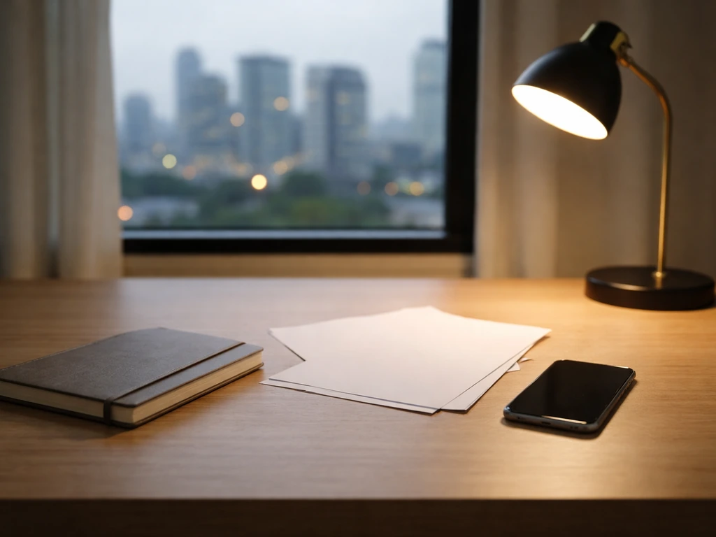 A quiet office desk with a smartphone, documents, and a blurred city skyline suggesting finance research.