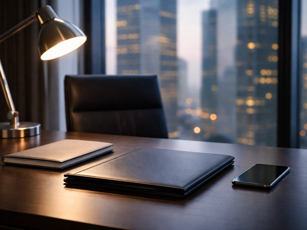 Minimal office scene with a business executive desk setting symbolizing corporate leadership and wealth interest