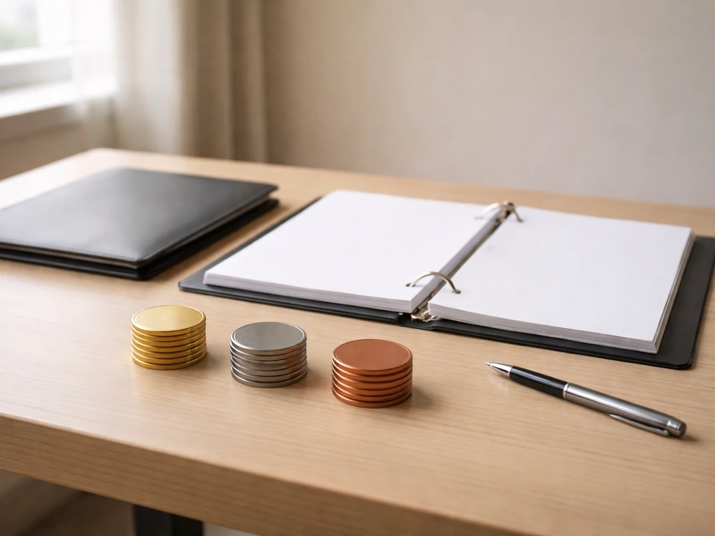 Minimal desk scene with an open binder and three colored token stacks symbolizing compensation components.