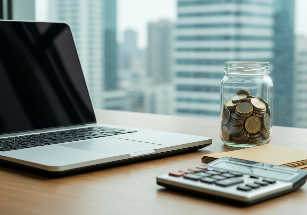 Minimal desk scene with laptop, calculator, coins, and soft city view symbolizing stock holdings and valuation.