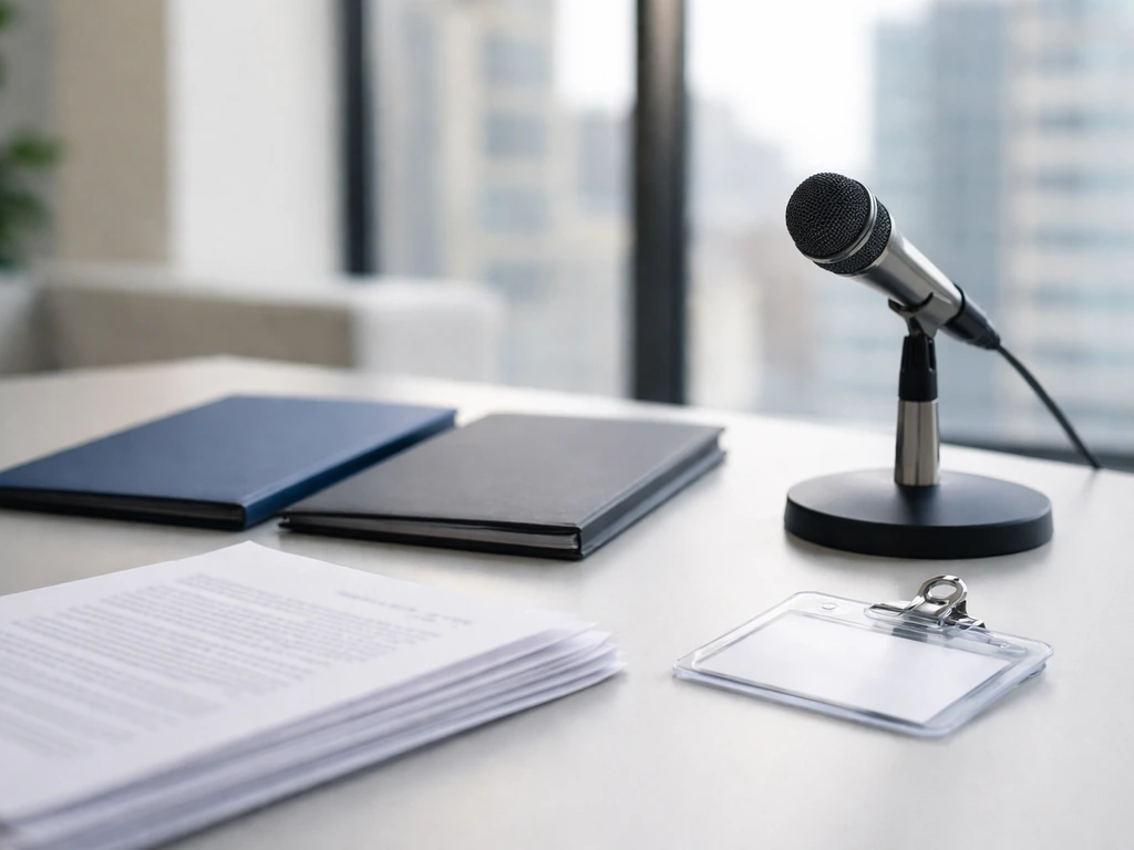Minimal office desk with a microphone and documents, symbolizing verifying the right person’s identity.
