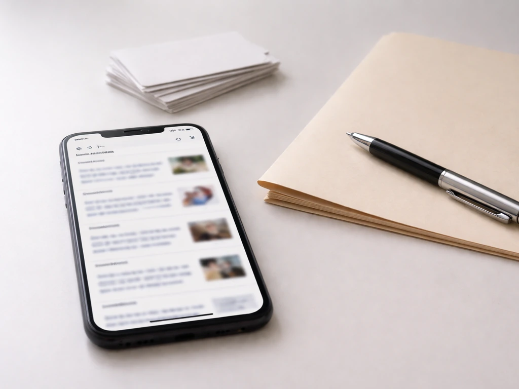Minimal photo of a smartphone showing blurred search results alongside a folder, suggesting multiple identities.