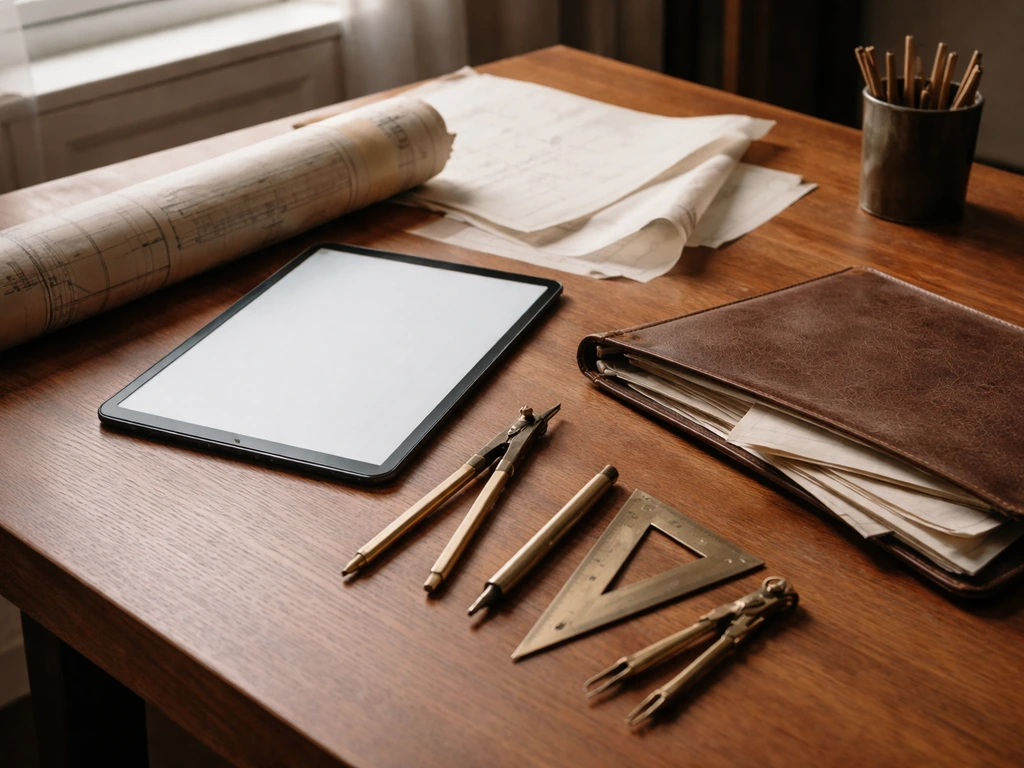 Vintage blueprint roll and brass drafting tools on a desk beside modern tablet and a portfolio binder.