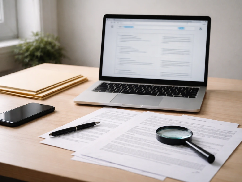 Minimal desk scene with an open laptop showing verification search results and documents, symbolizing estimate reliabili