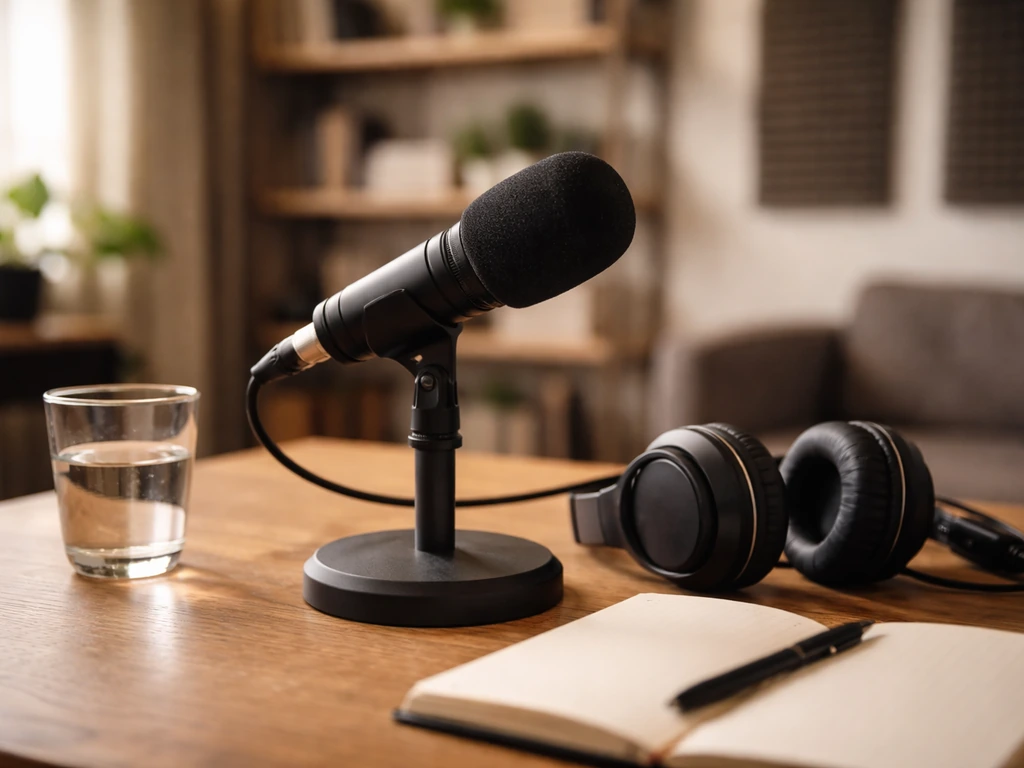 Minimal podcast studio scene with a microphone and a desk, symbolizing media and financial analysis