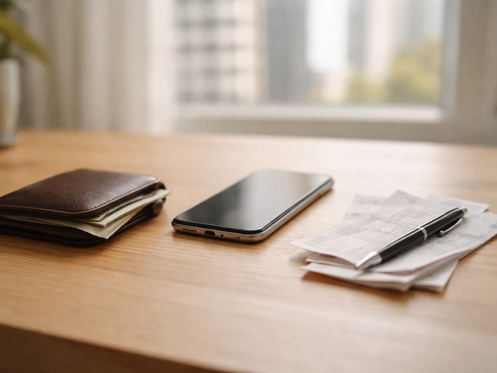 Minimal office desk with a calculator and neatly stacked cash and receipts, symbolizing net worth vs income.