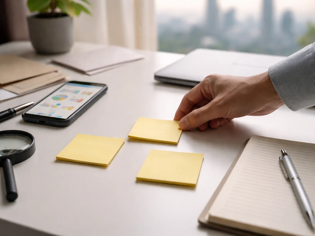 Anonymous hand arranging blank notes and finance tools on a desk, suggesting triangulating an estimate.