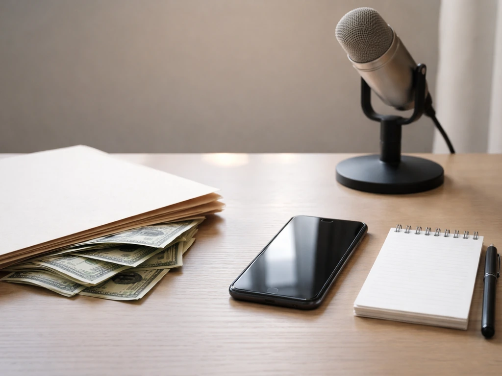 Minimal desk scene contrasting money clutter and evidence-like media tools with a microphone and phone.