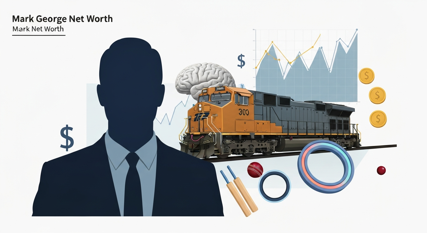Editorial collage: anonymous executive silhouette, freight train, brain model and cricket bat with stock chart overlay representing Mark George net worth profile.