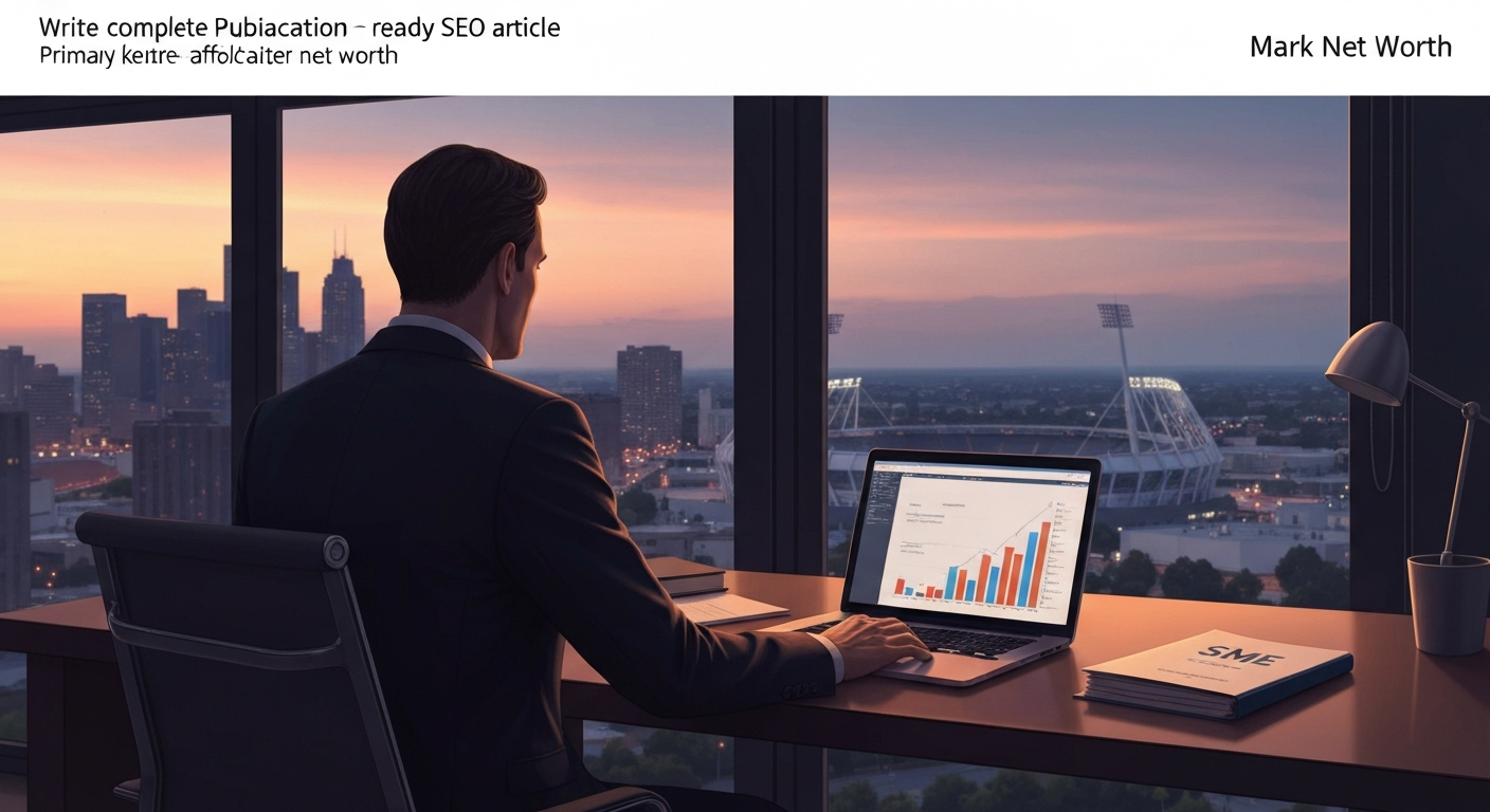 Editorial illustration of a senior finance executive in an office overlooking a city and stadium, representing sports, media and finance.