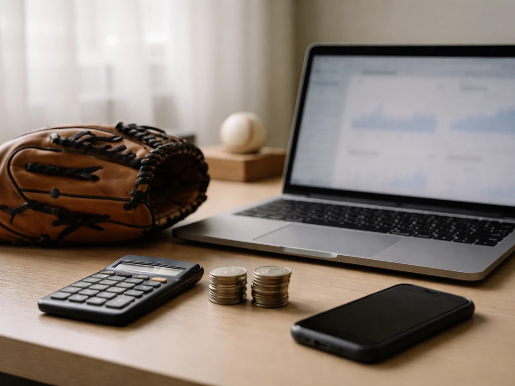 Hands at a desk with coins, calculator, and baseball glove beside a laptop for net-worth research