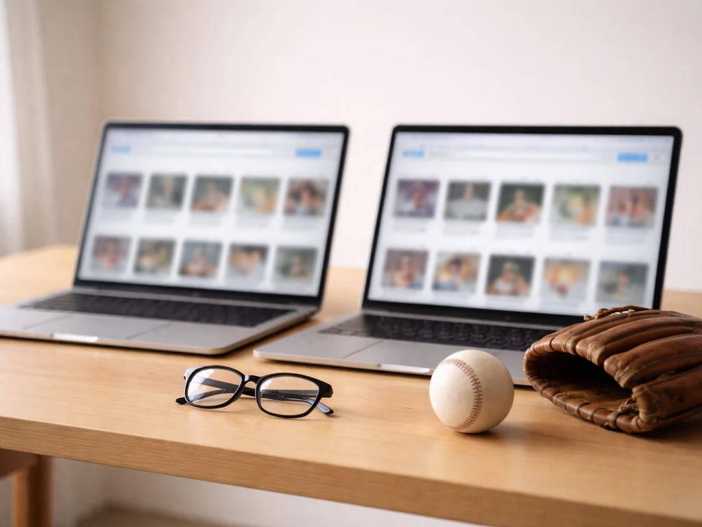 Two blurred search-laptop screens beside a baseball and glove, symbolizing baseball Mark Paul confusion