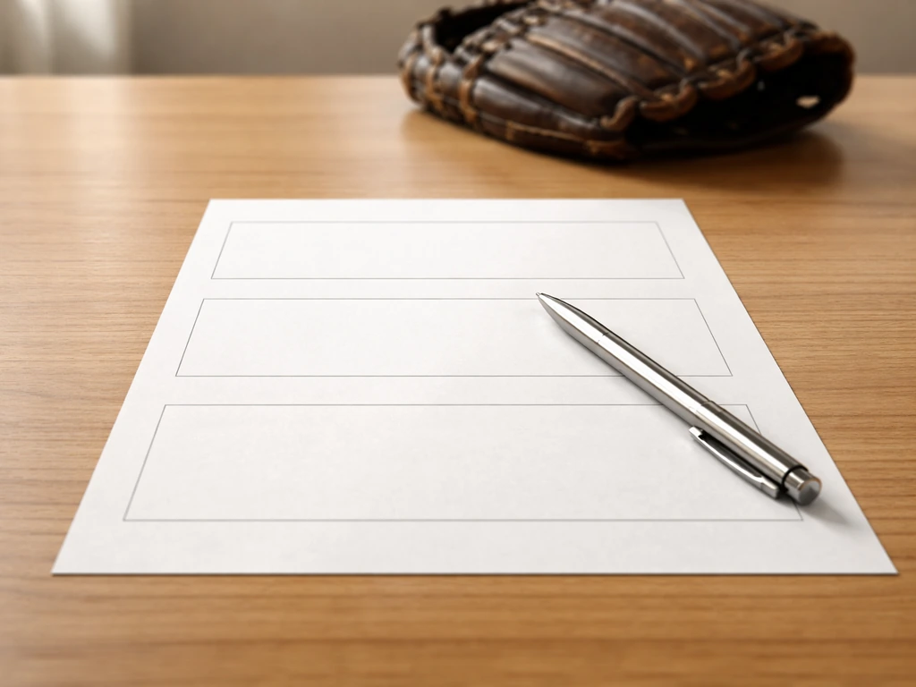Baseball-themed contract-style timeline layout on a desk with a pen and blurred glove in the background