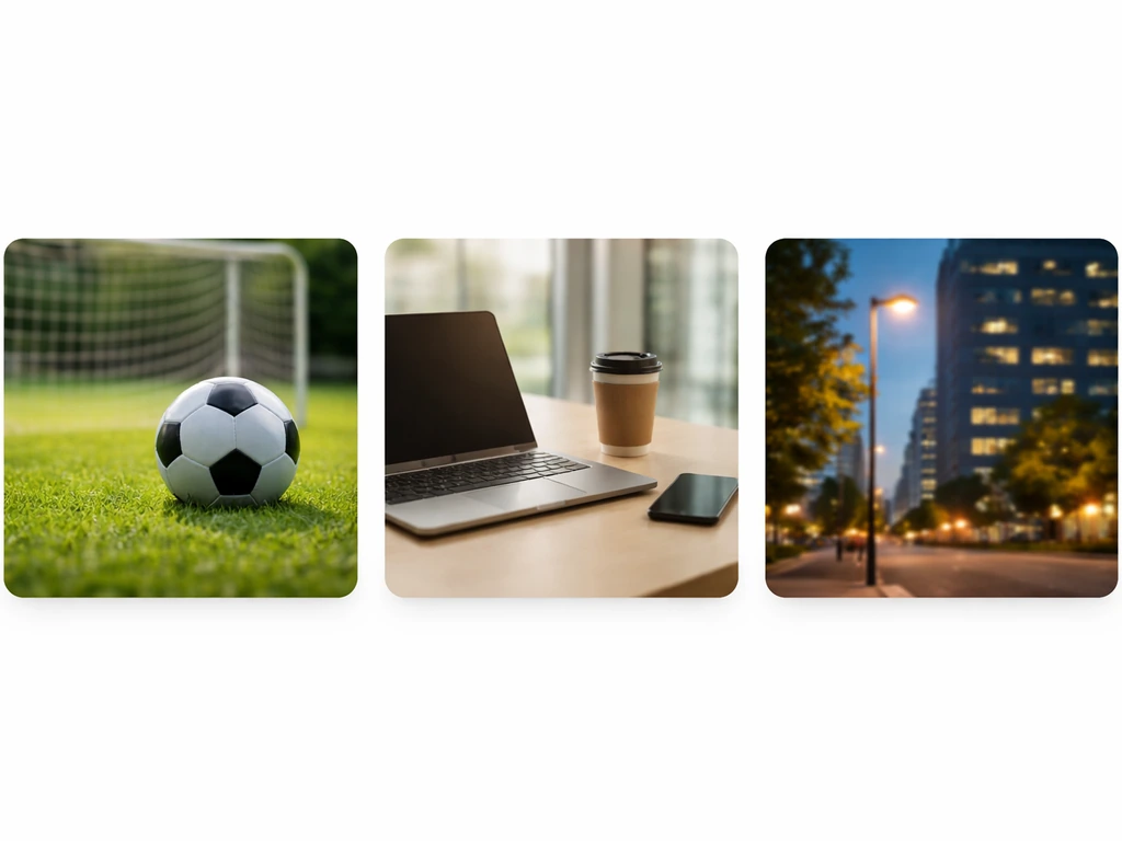 Three side-by-side thumbnail panels: soccer field, corporate desk, and city street to hint different Mark Crossley ident
