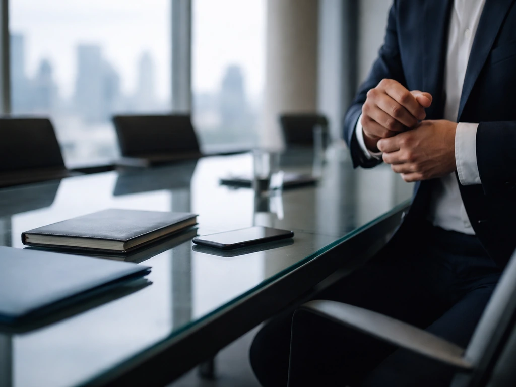 Anonymous hands in a modern boardroom with a conference table and corporate window light.