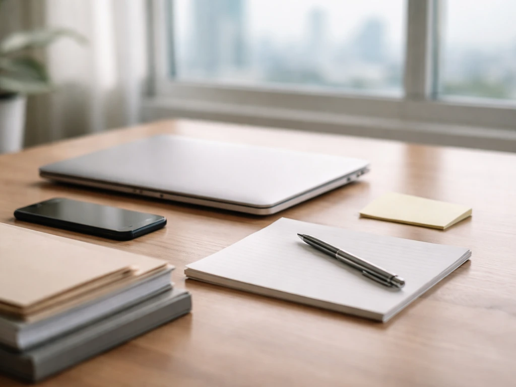 Minimal office desk with laptop and pen, subtly suggesting financial growth through an upward folder stack.