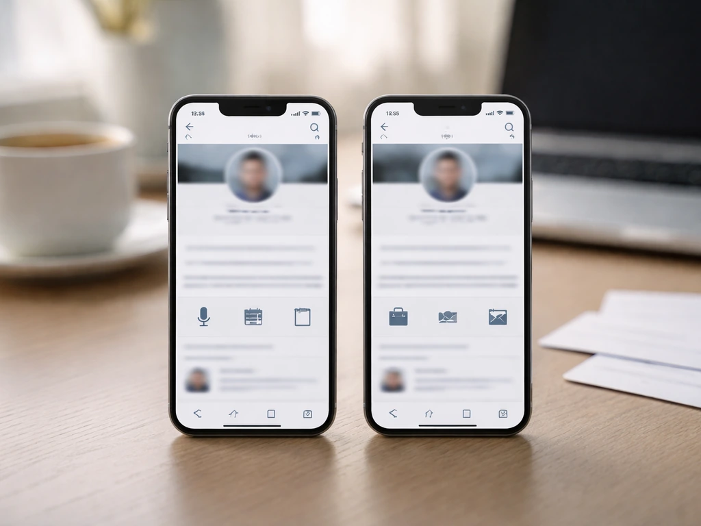 Two smartphones on a desk showing blurred social/profile cues to distinguish two identities.