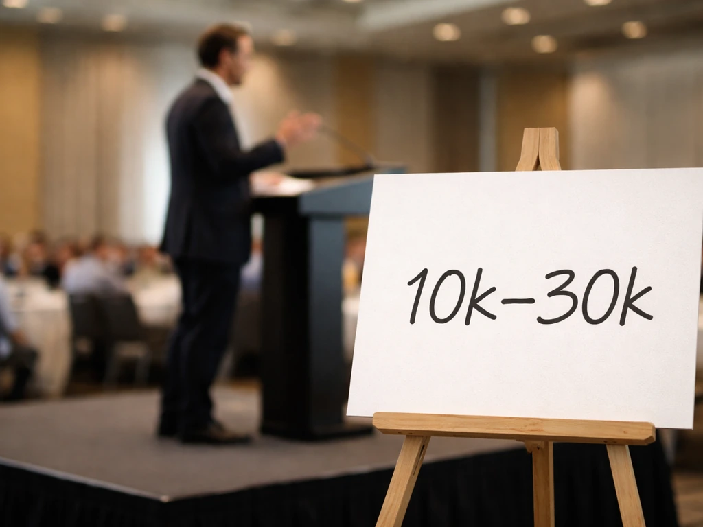 Speaker-fee context: anonymous keynote speaker at a podium with event banner and a fee-range placard
