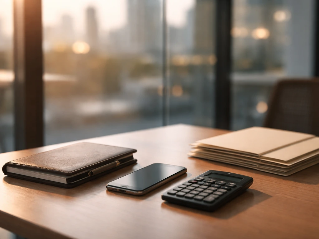 Minimal office desk with calculator and folders symbolizing consulting firm revenue and equity inputs.