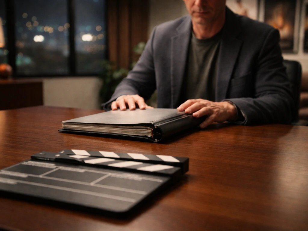 Anonymous film producer at a desk with a clapperboard and script binder in a cinematic office