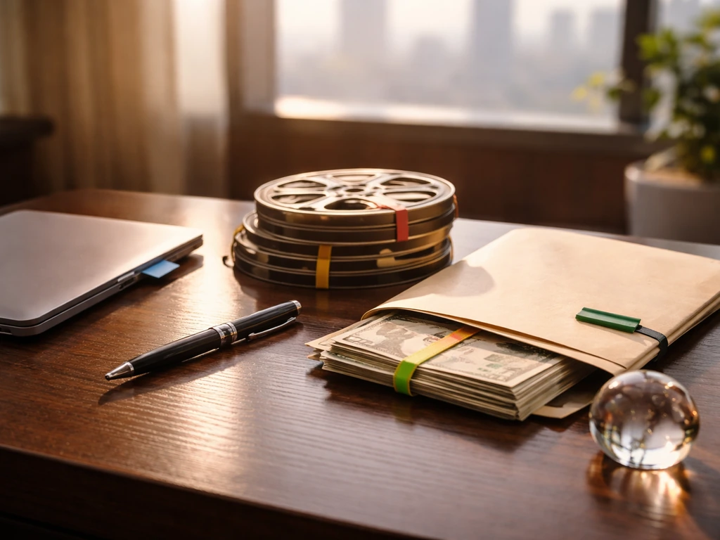 Minimal office scene with symbolic cash, film reels, and a laptop representing income streams