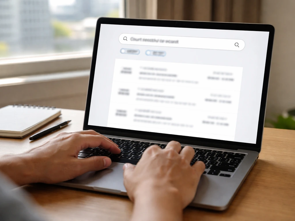 Person using a laptop to search court records and review case documents for due diligence