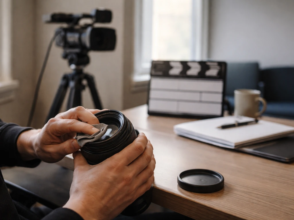 Anonymous hands adjusting a video camera lens in a minimalist TV production office with natural light.