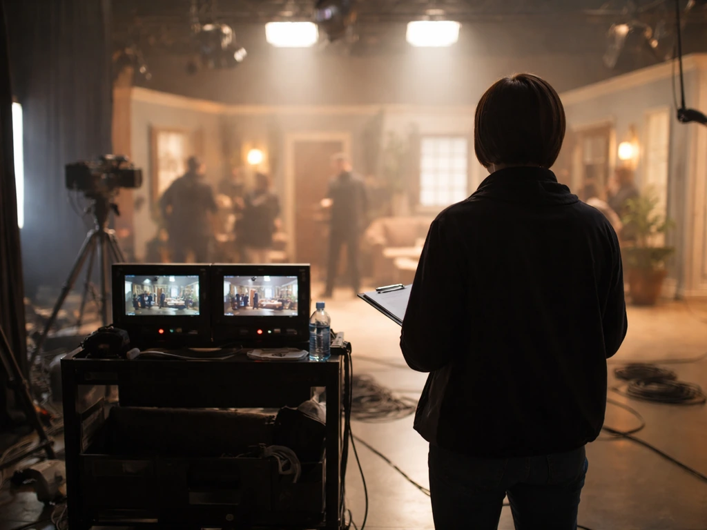 Anonymous TV director on a sitcom set by monitor cart, camera and stage lights in the background.