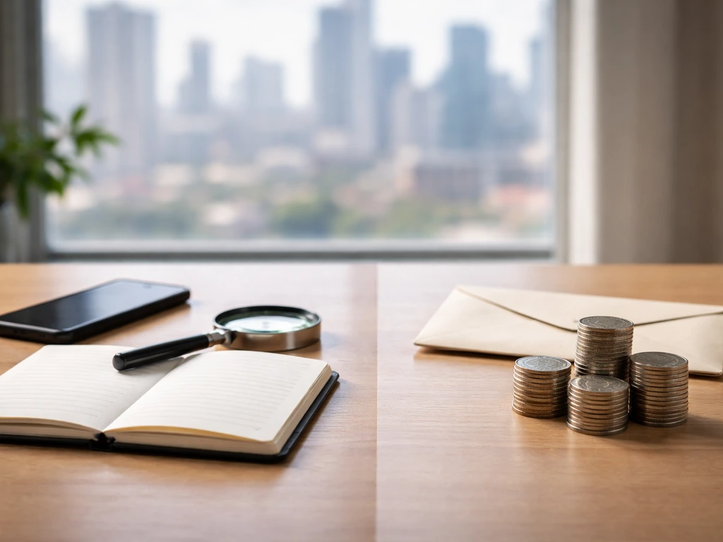 Minimal desk scene with an open notebook, coin stack, and blurred city skyline to suggest verifying an online wealth cla