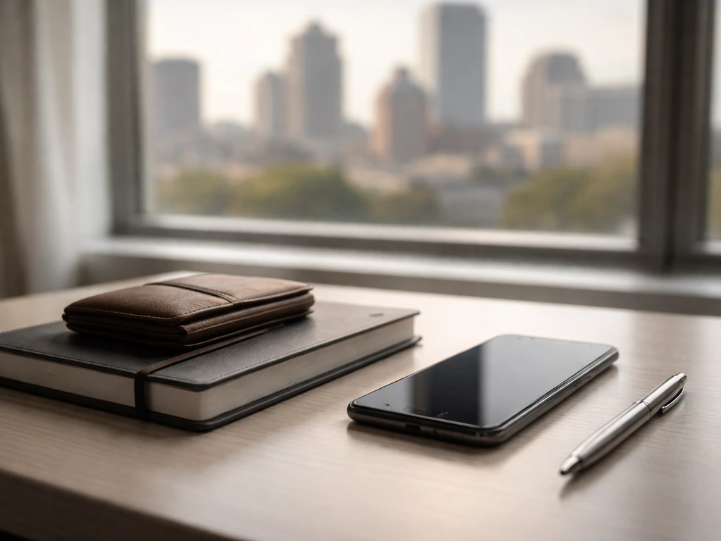 Minimal office desk scene with a smartphone, wallet, and city view symbolizing Mark Lauretti net worth analysis