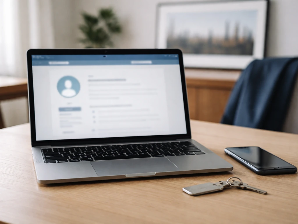 Minimal home office desk with laptop and phone hinting at checking an online business profile