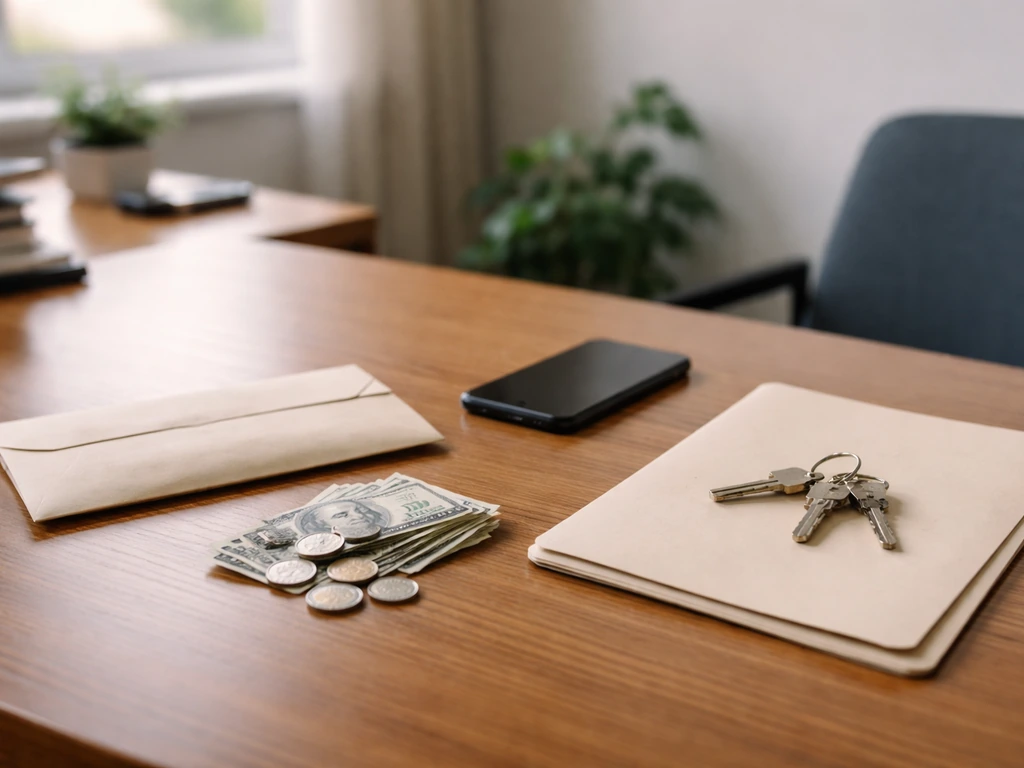 Minimal photo of a desk with cash, a smartphone, and a sealed envelope suggesting income streams