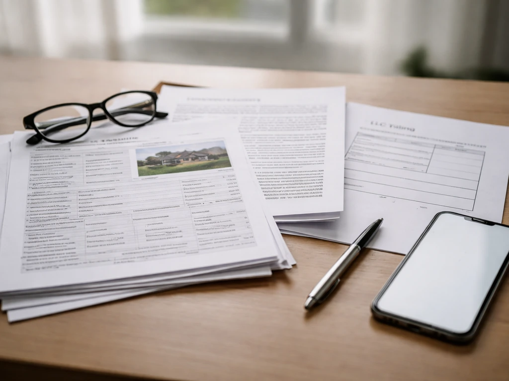 Close-up of mixed real-estate documents, glasses, and pen on a desk under natural light.