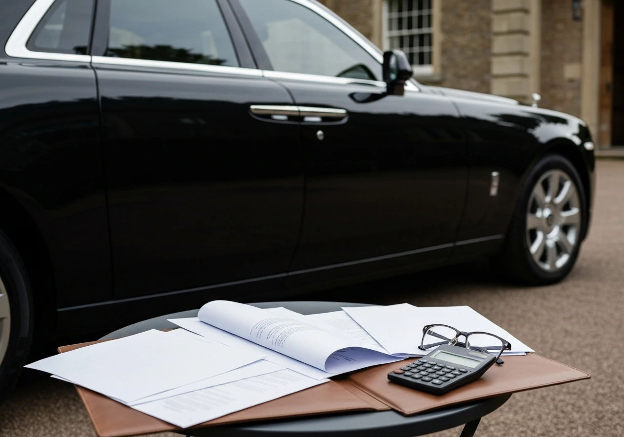 Black Rolls-Royce beside blank documents and a small calculator, implying UK net-worth research workflow.